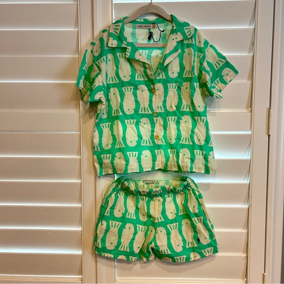 Bobo Choses Lucky Fish All Over Button front Shirt & Shorts Set Green White 4-5 - Picture 1 of 5